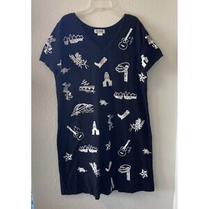 M Mac Women's Midi Dress Black Austin TX Print Cotton Short Sleeve Size Large